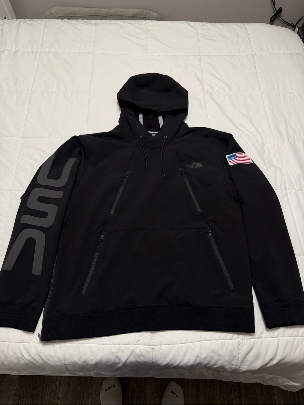 The North Face Black Pullover Hoodie with American Flag Patch